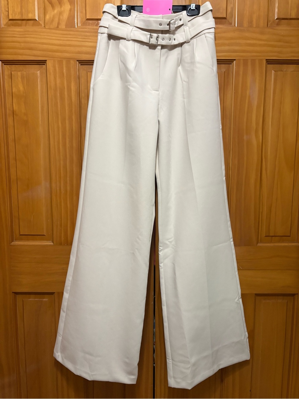 Amanda Uprichard Cream High-Rise Wide Leg Trousers w/ Double Belt Detail Size S